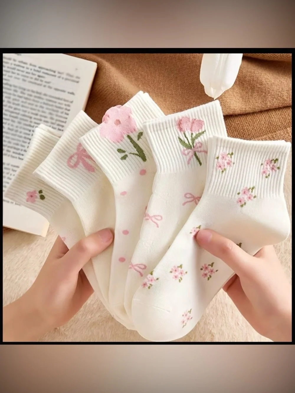 New 5 Pairs Floral Butterfly Print Ankle Socks White & Pink Ribbed Elastic Cuff